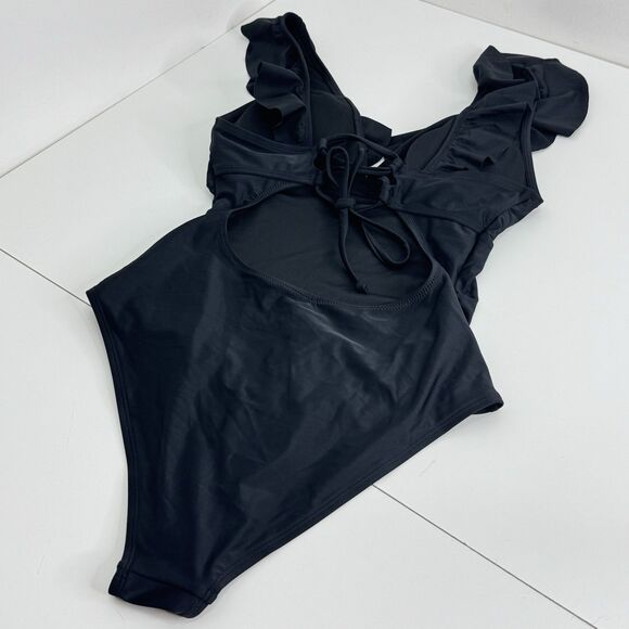 Cupshe Swimsuit Womens One Piece Ruffle Wide Strap Tie Closure M Black Seaside - Picture 6 of 8